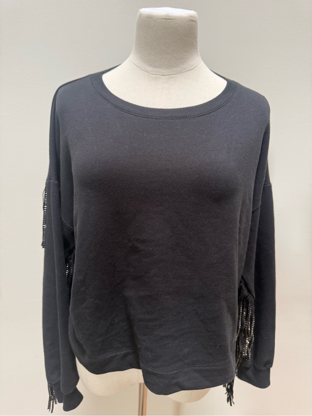 Moelleux Black Rhinestone Fringe Cutout Sleeve Sweatshirt Size Small